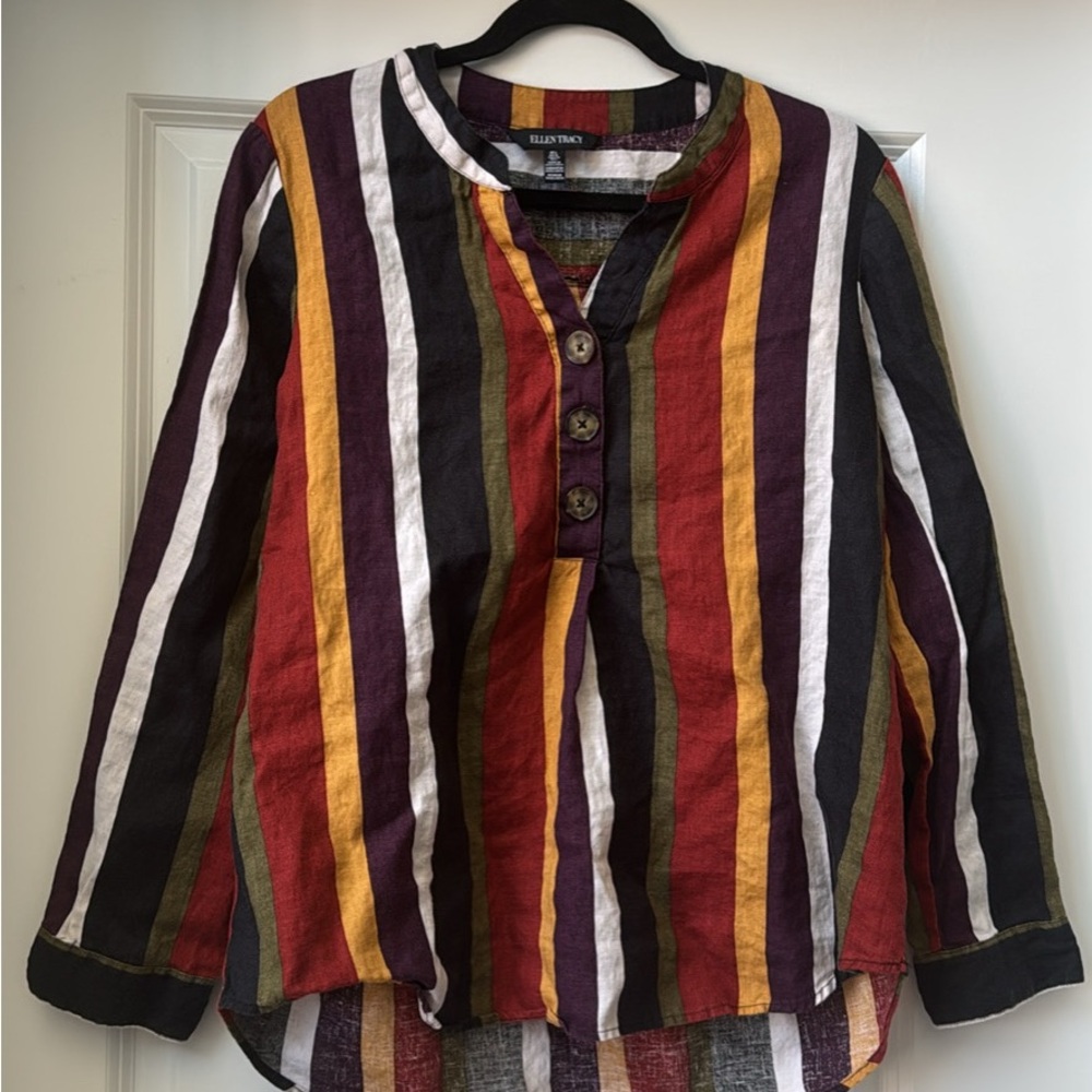 100% Linen Multicolor Striped Button Front Top